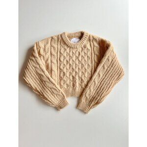 Girls' ZARA Light Camel Tan Cable Knit Crew Neck Fisherman Sweater, Size 9-10